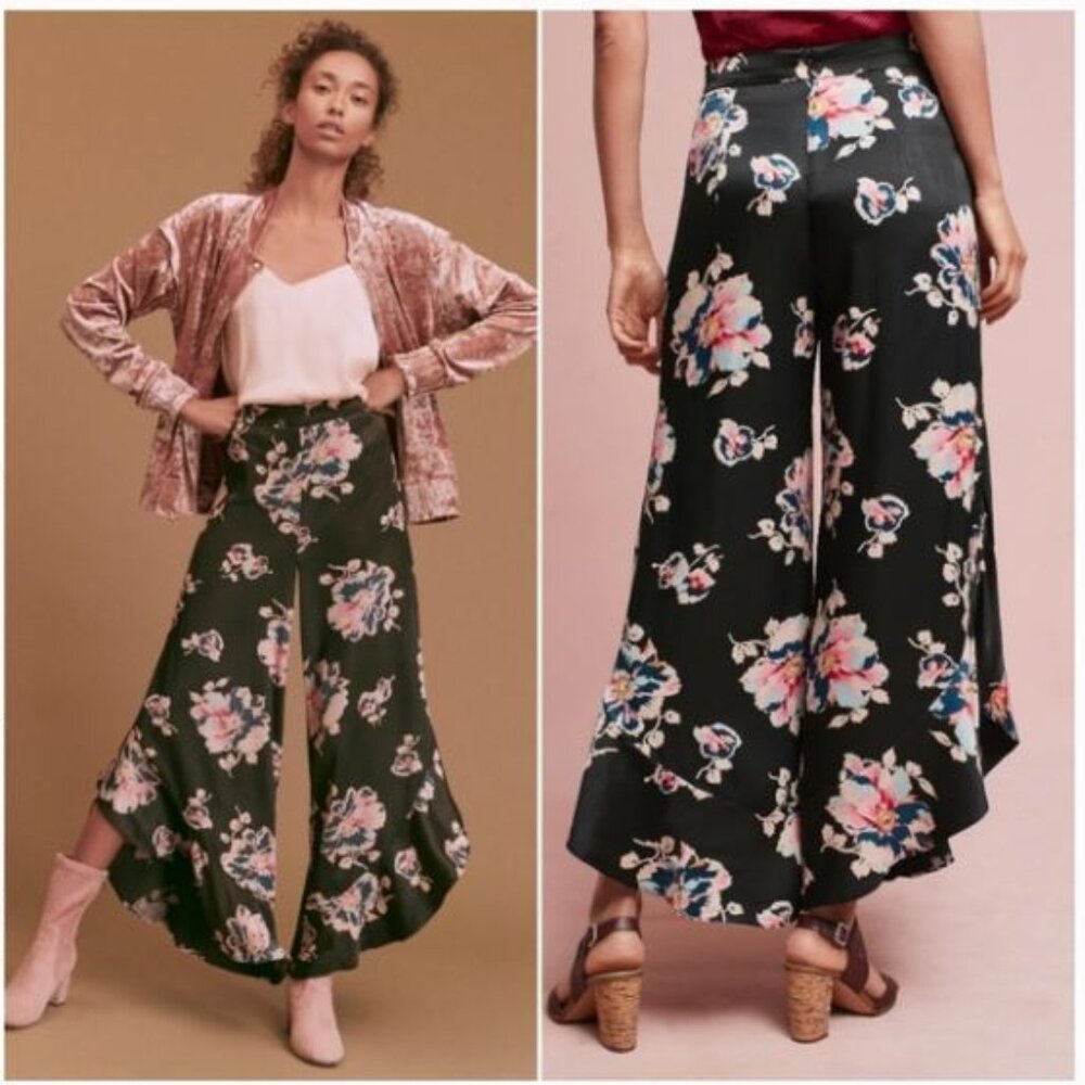 Anthropologie Tansy Ruffled Trousers in Black Motif by Elevenses – Size 4 - Picture 2 of 6